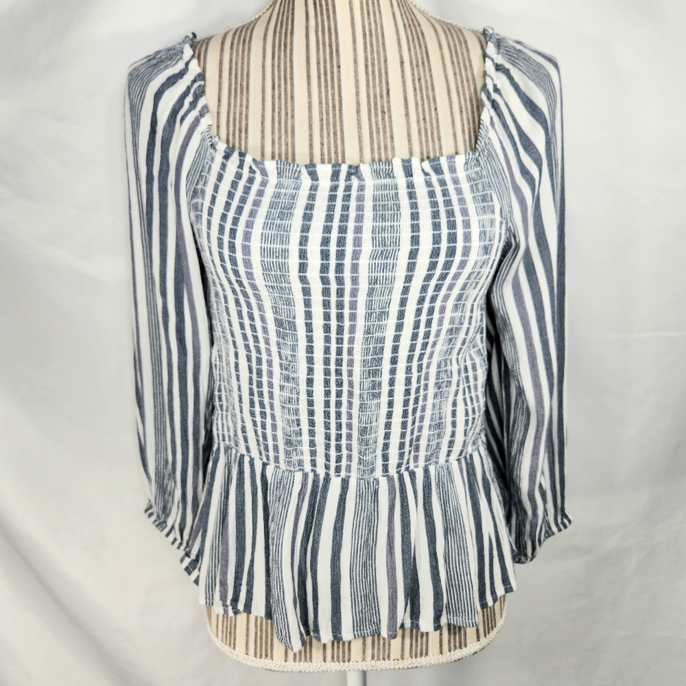 American Eagle Grey & White Striped Square Neck Smocked Bodice Top Medium